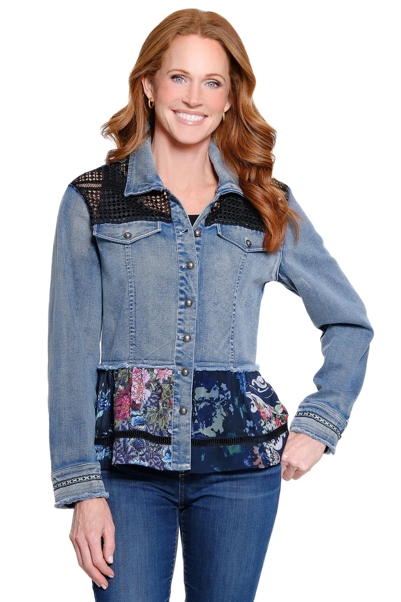 Denim Jacket with Lace Details - Denim