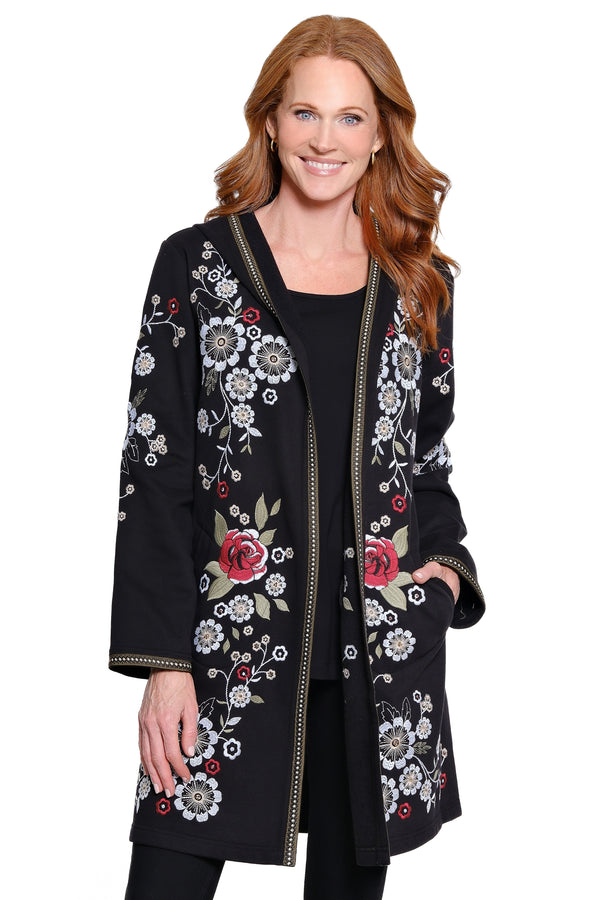 Embroidered Long Cardigan - Black