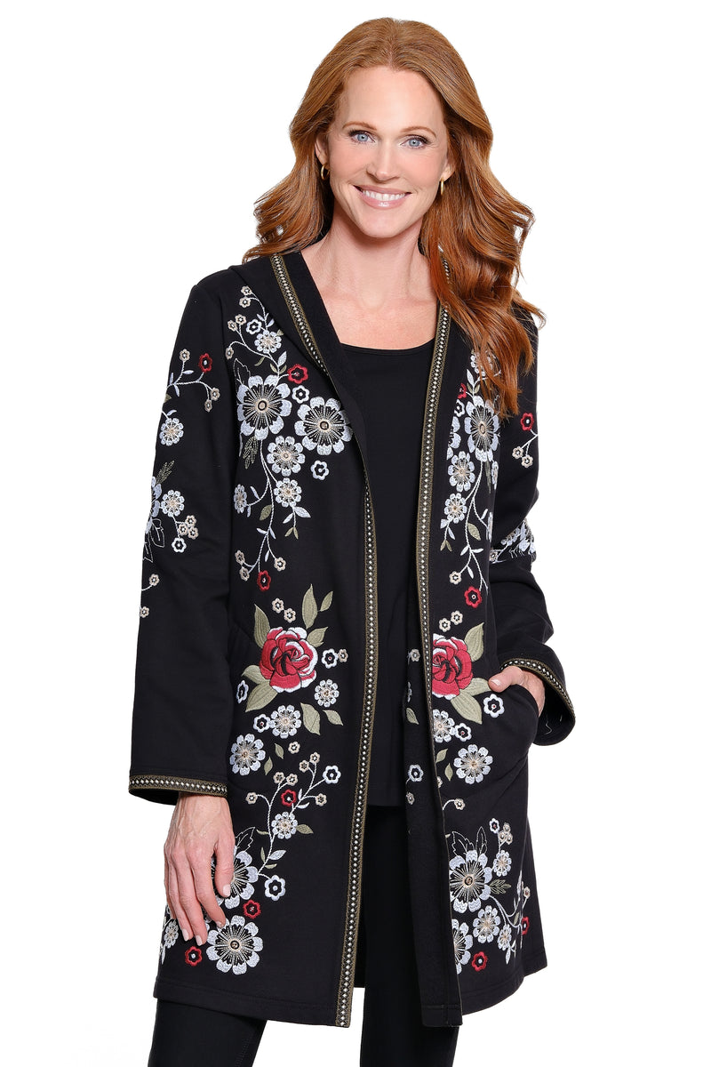 Embroidered Long Cardigan - Black