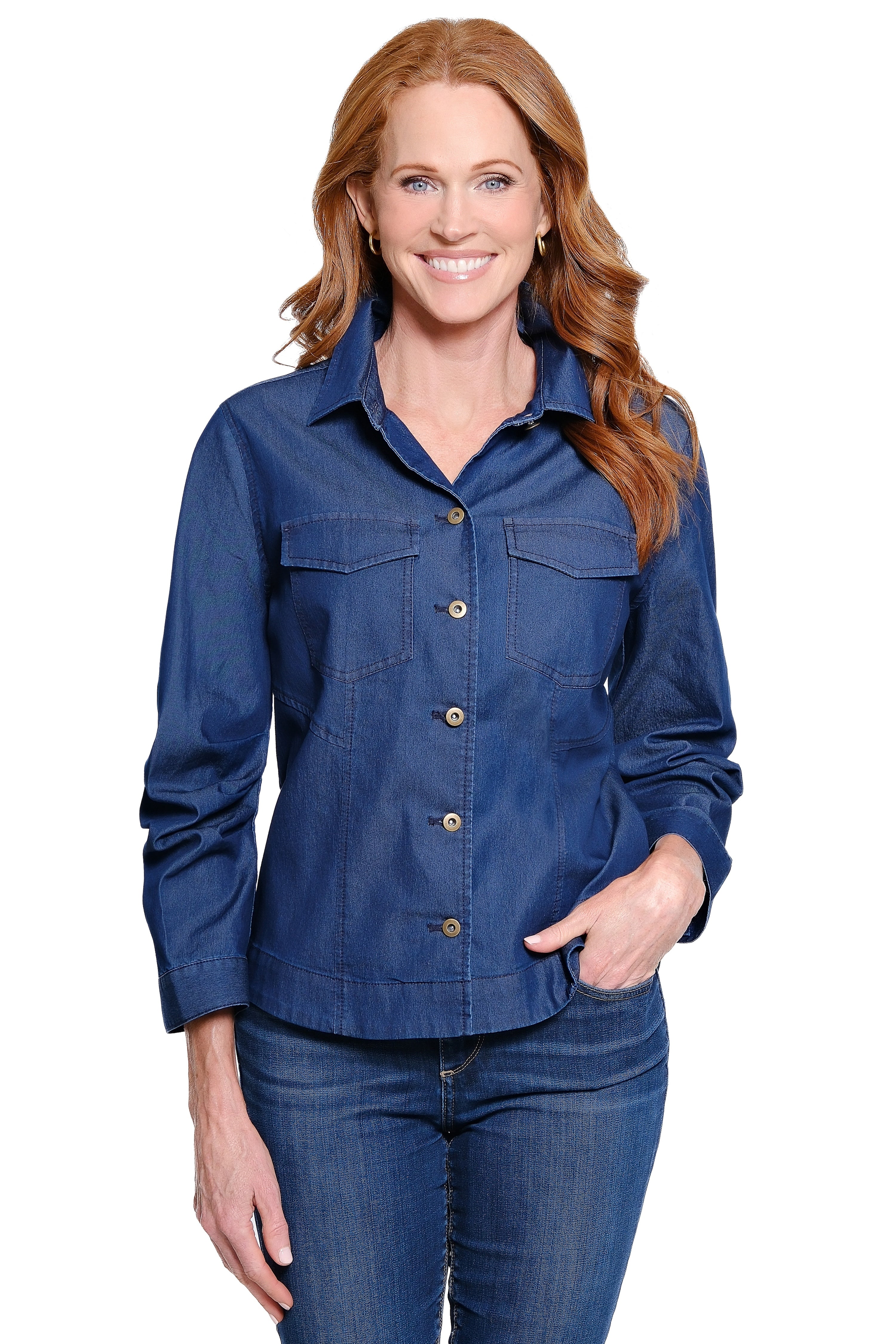 Button-Front Blouse with Flap Pockets - Dark Indigo