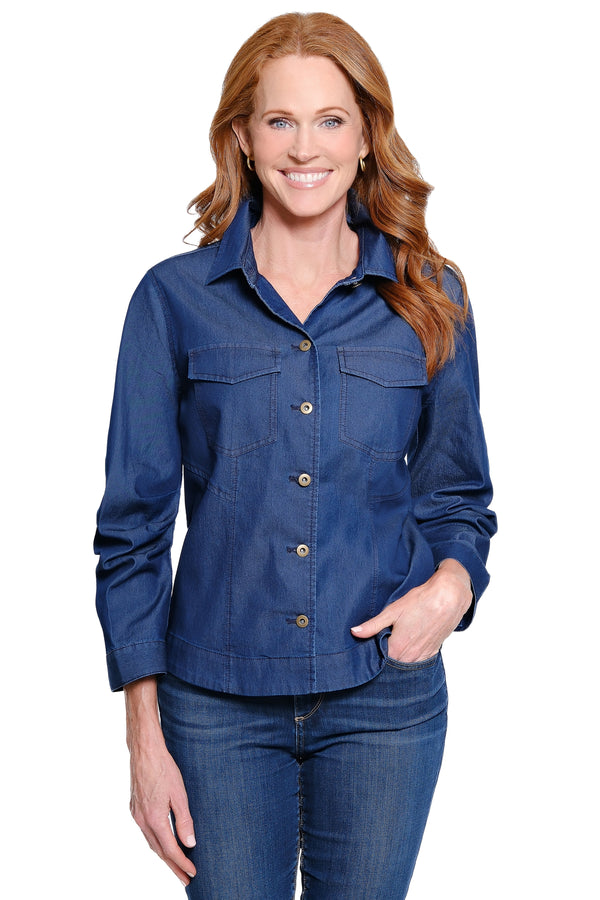 Button-Front Blouse with Flap Pockets - Dark Indigo