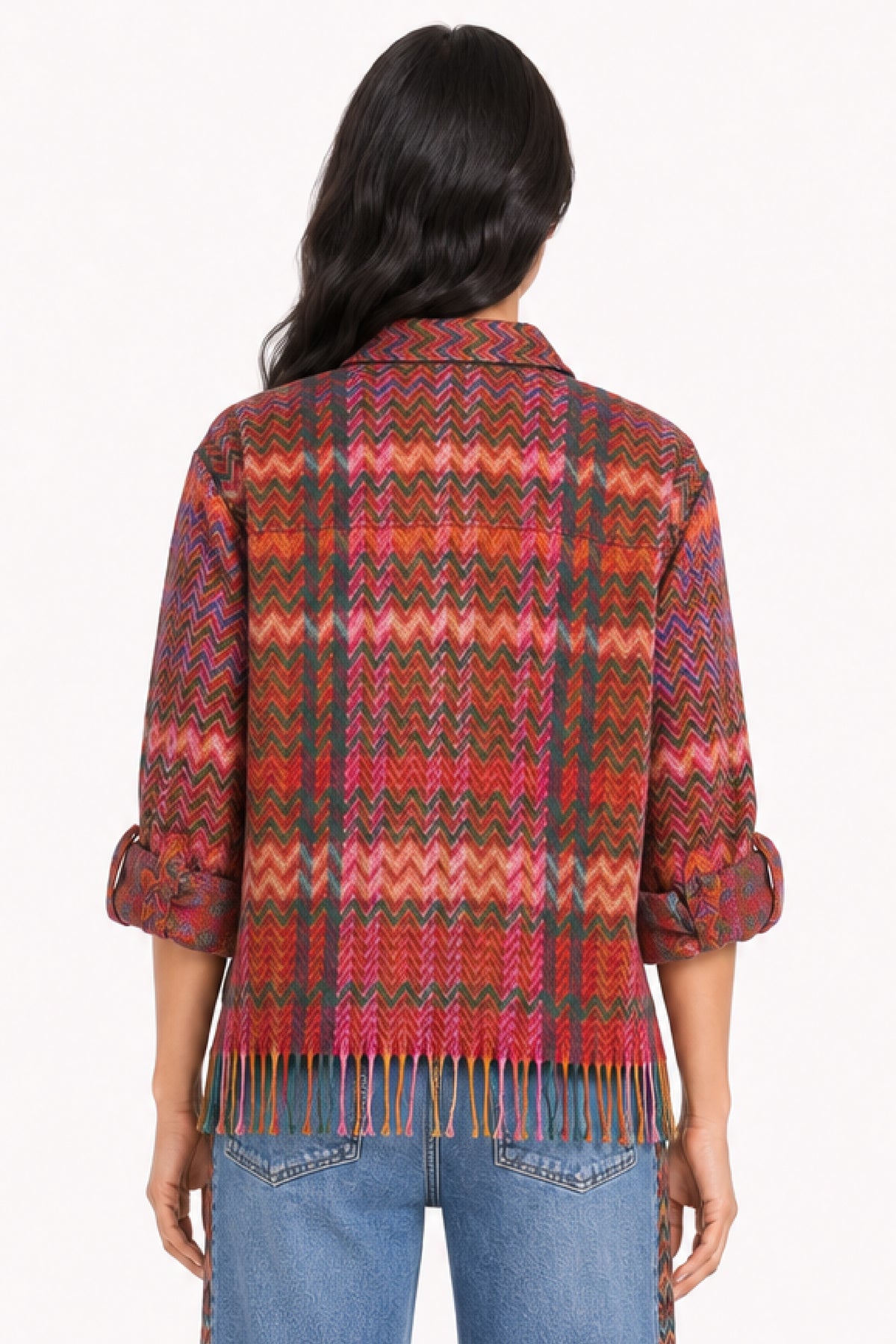 Pink Plaid Woven Chevron Print Collared Button Front L/S Jacket w/ Fringe - Petite