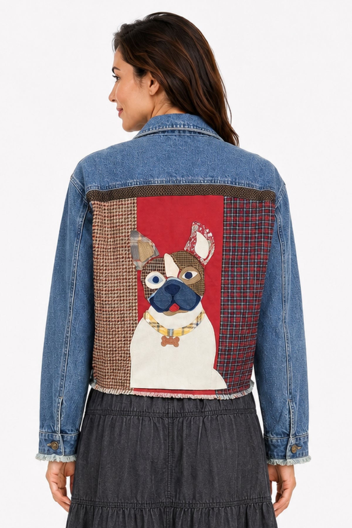 Dog Print Woven Denim Collared Button Front L/S Patchwork Jacket - Plus