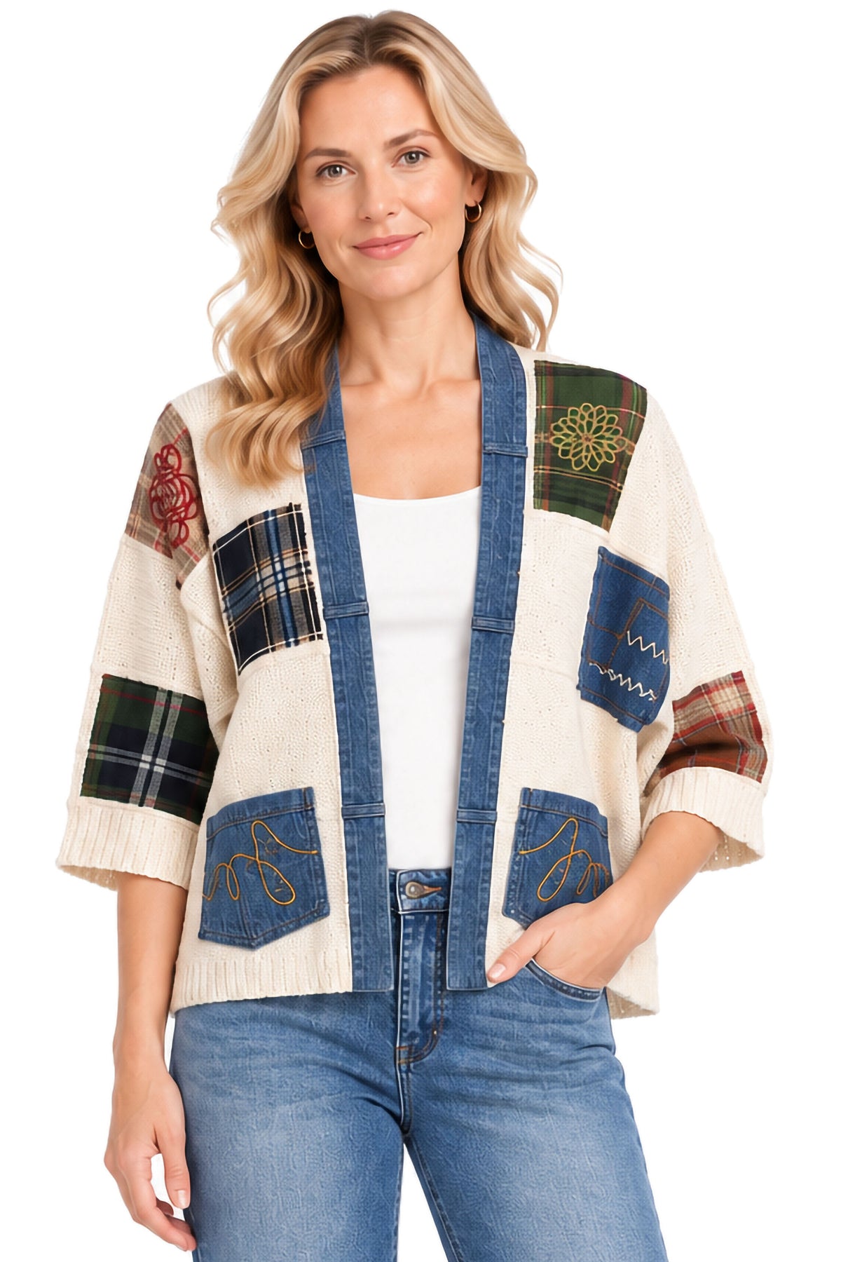 Patch Multi Knit Patchwork Shawl Neckline Button Front 3/4 Sleeve Cardigan w/ Embroidery
