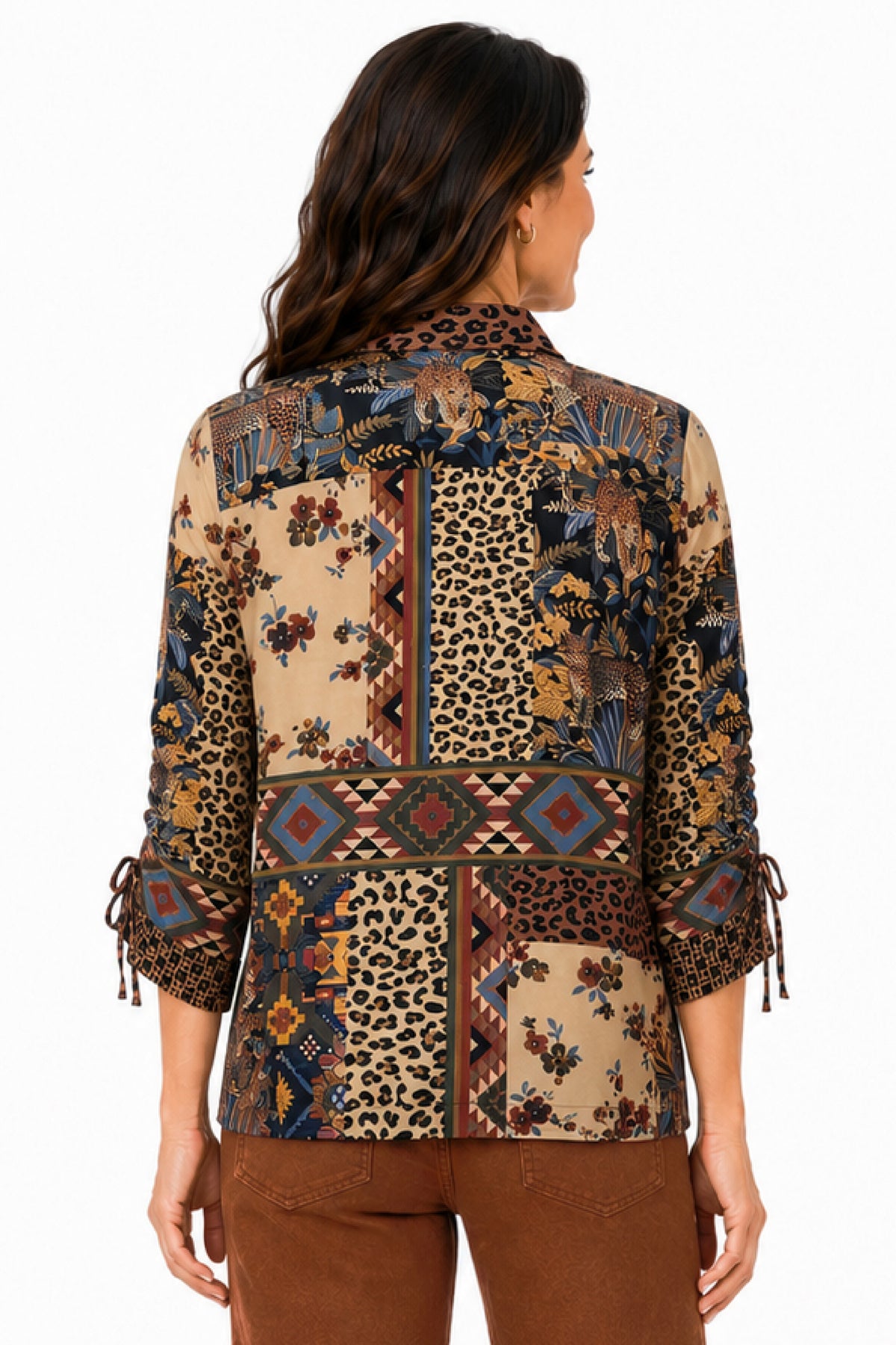 Multi Mixed Print Wire Collar Cinch Blouse - Missy