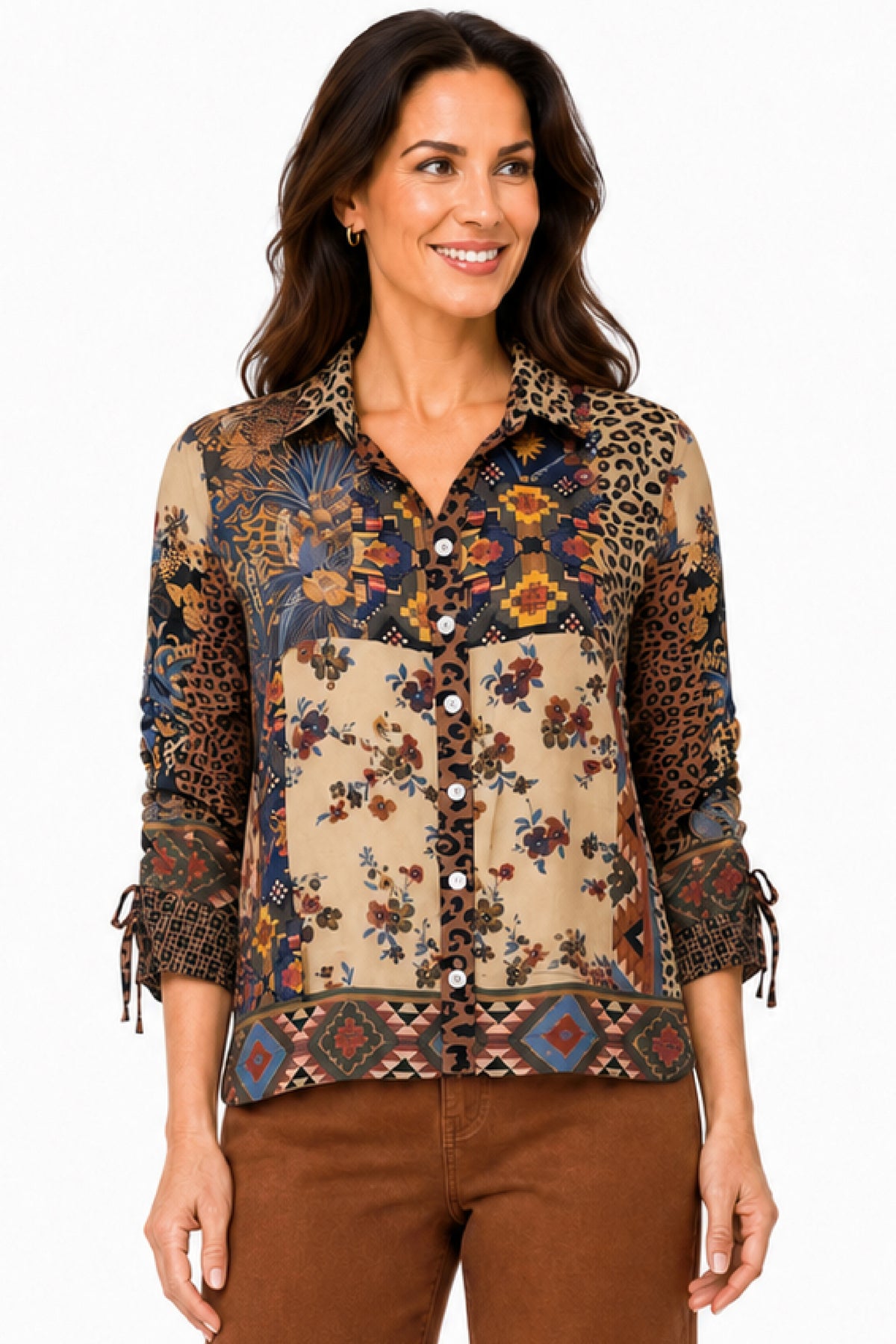 Multi Mixed Print Wire Collar Cinch Blouse - Missy