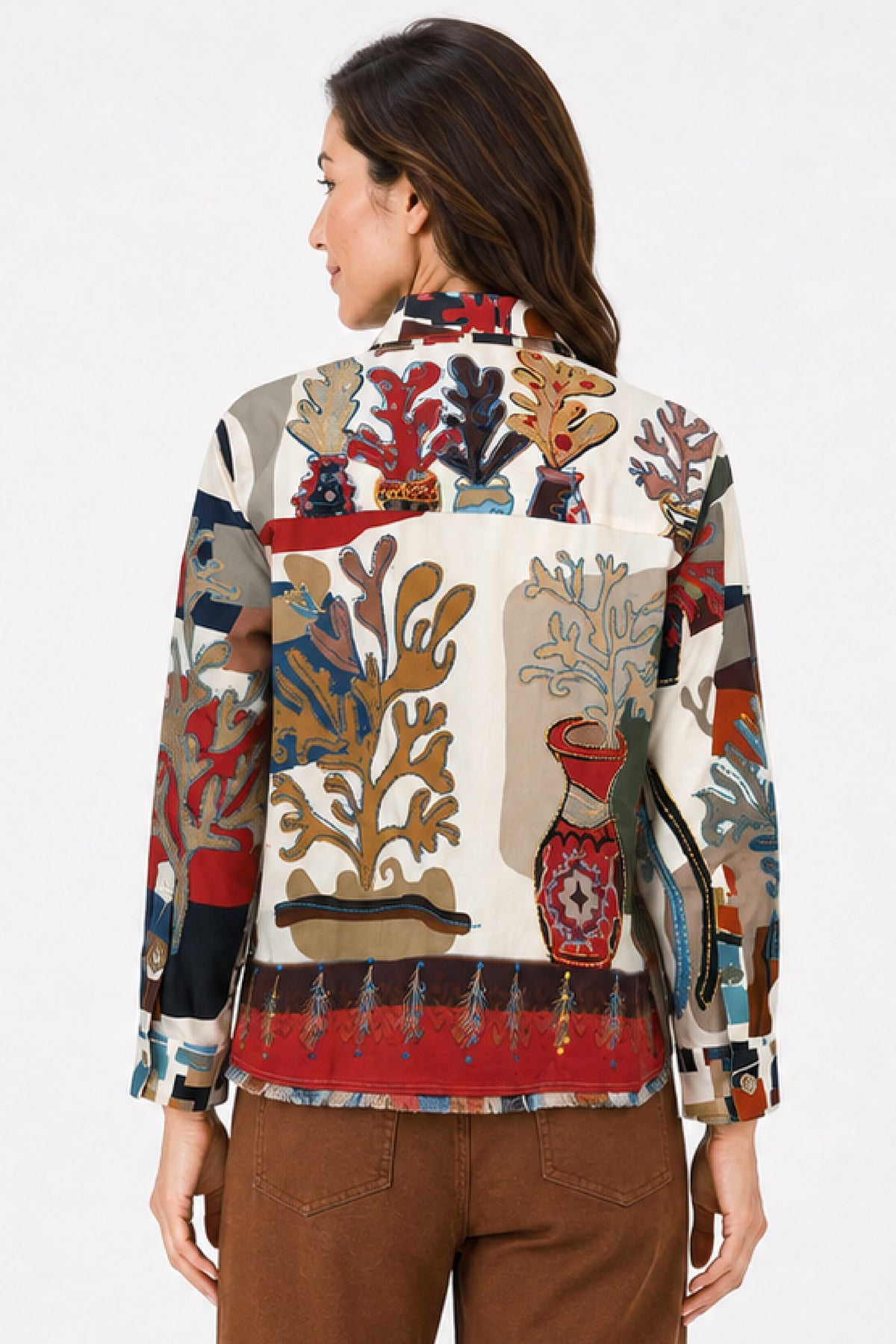 Multi Woven Mix Print Wired Collar Button Front Roll Tab L/S Blouse w/ Embroidery - Missy