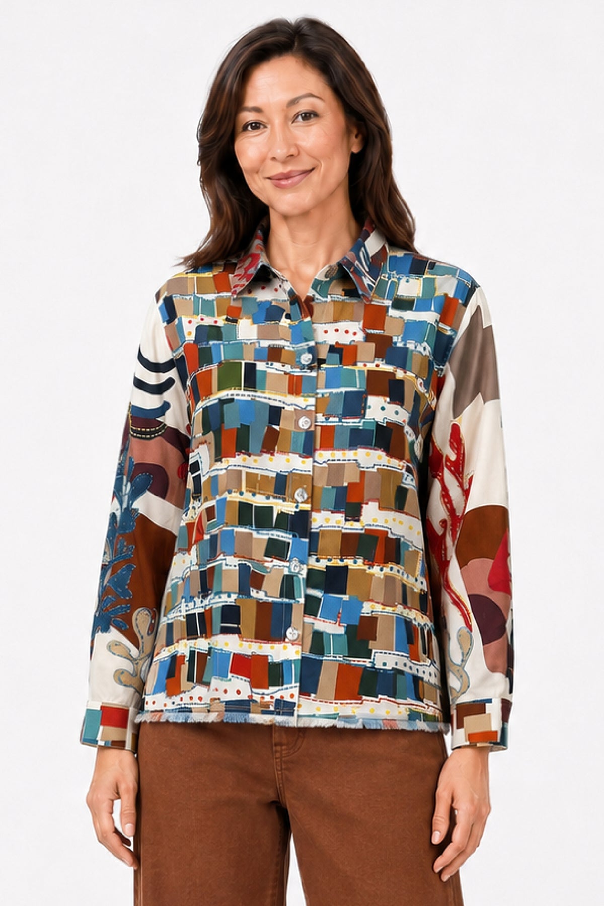 Multi Woven Mix Print Wired Collar Button Front Roll Tab L/S Blouse w/ Embroidery - Missy