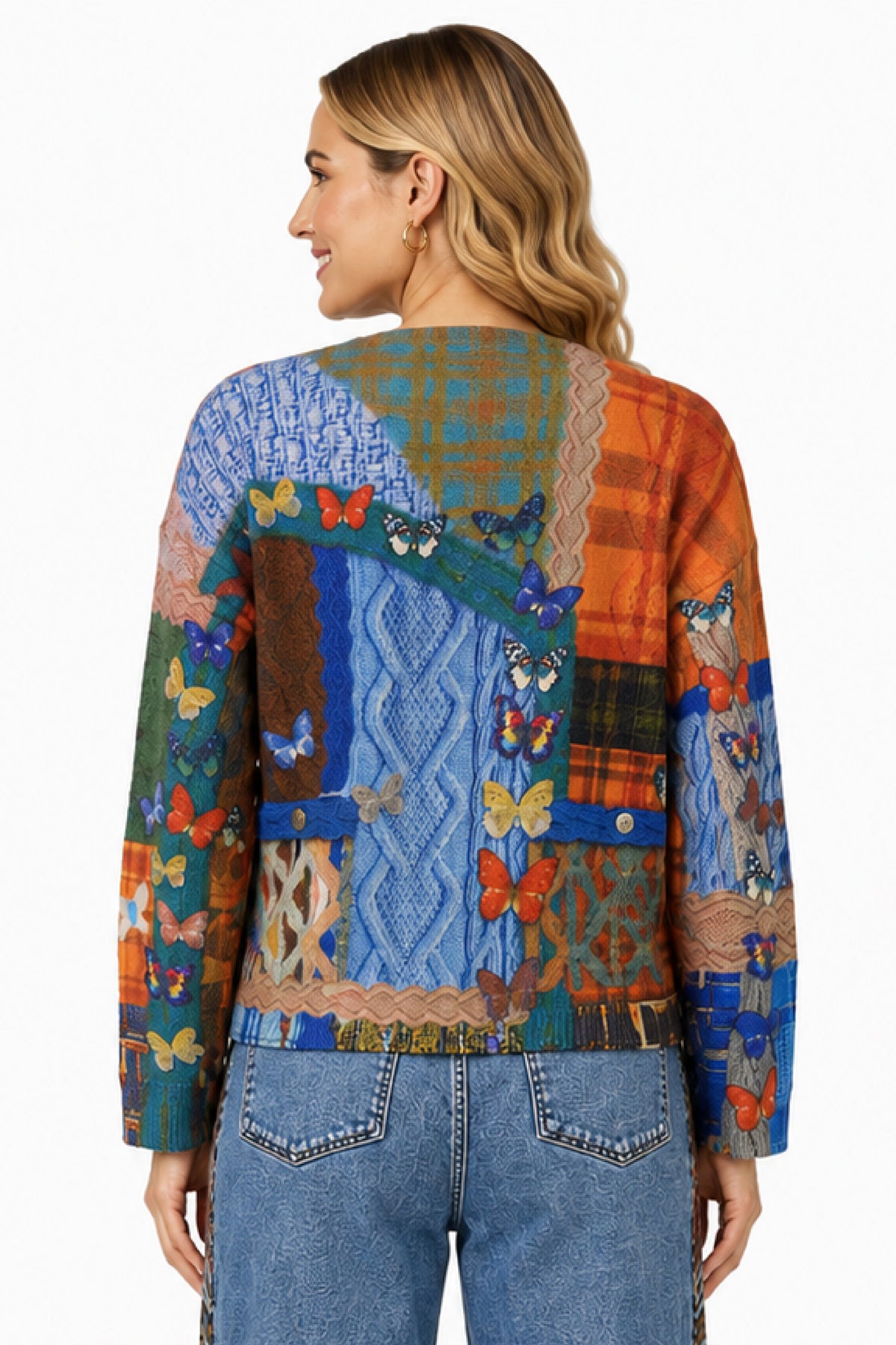 Patchwork Print Knit Mix Print V-Neck Button Front L/S Cardigan Sweater - Missy