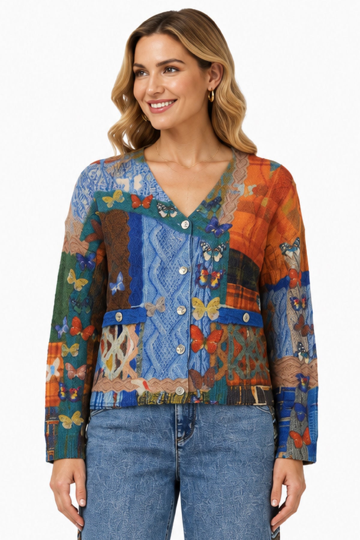 Patchwork Print Knit Mix Print V-Neck Button Front L/S Cardigan Sweater - Missy
