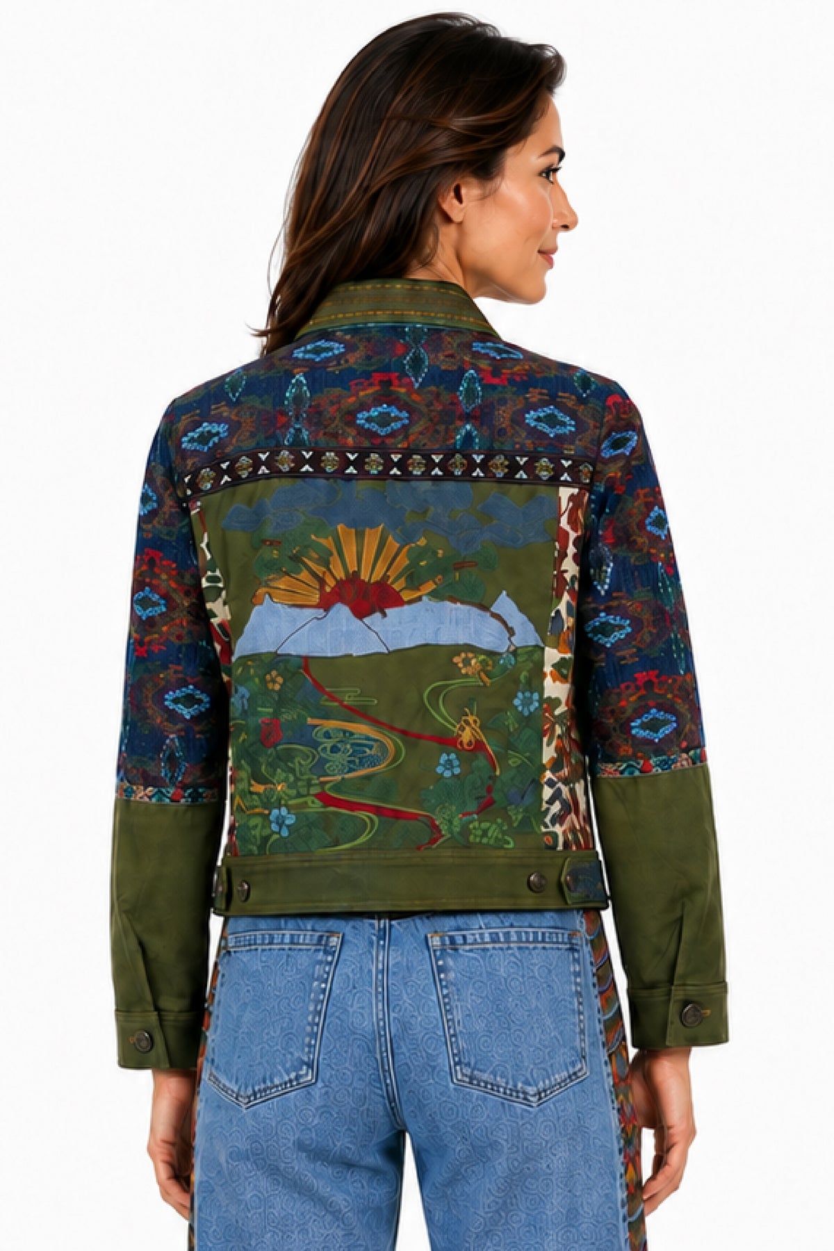 Multi Woven Mix Print Collared Button Front L/S Jacket w/ Embroidery - Petite