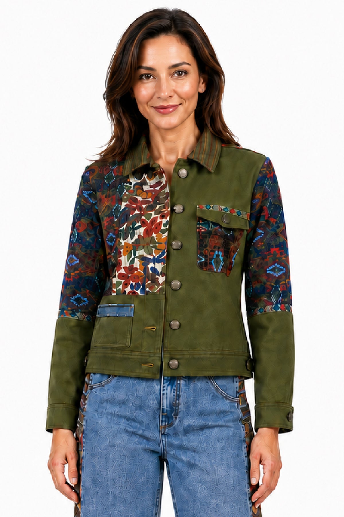 Multi Woven Mix Print Collared Button Front L/S Jacket w/ Embroidery - Petite