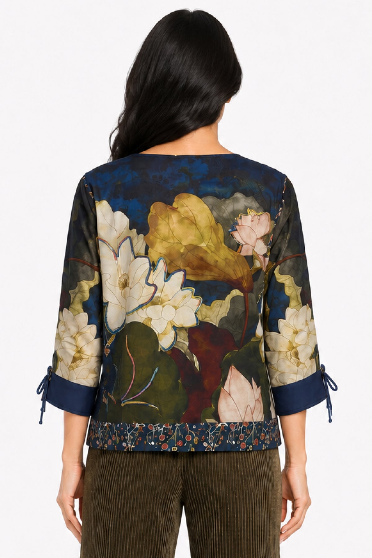 Watercolor Floral Woven Floral Print Round Neck Cinch L/S Popover - Missy
