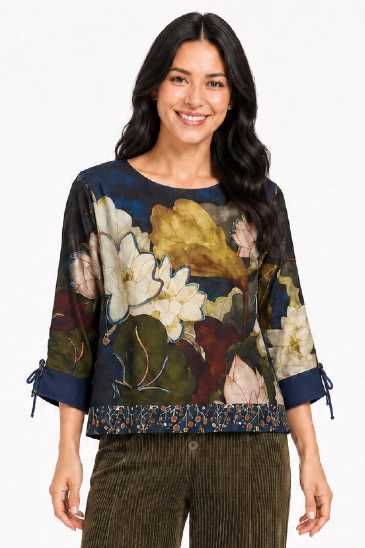 Watercolor Floral Woven Floral Print Round Neck Cinch L/S Popover - Missy