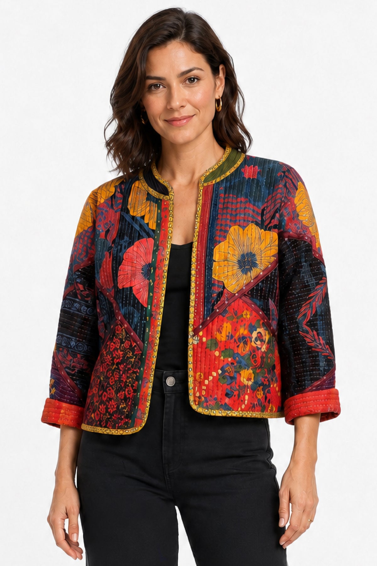 Multi Woven Mix Print Reversible Quilted Open Front Dolman L/S Jacket - Missy