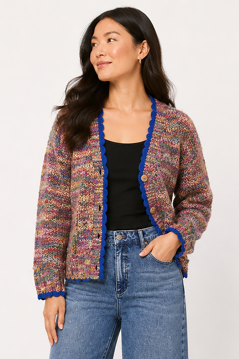 Multi Knit Multi Color Button Front L/S Cardigan Sweater - Missy
