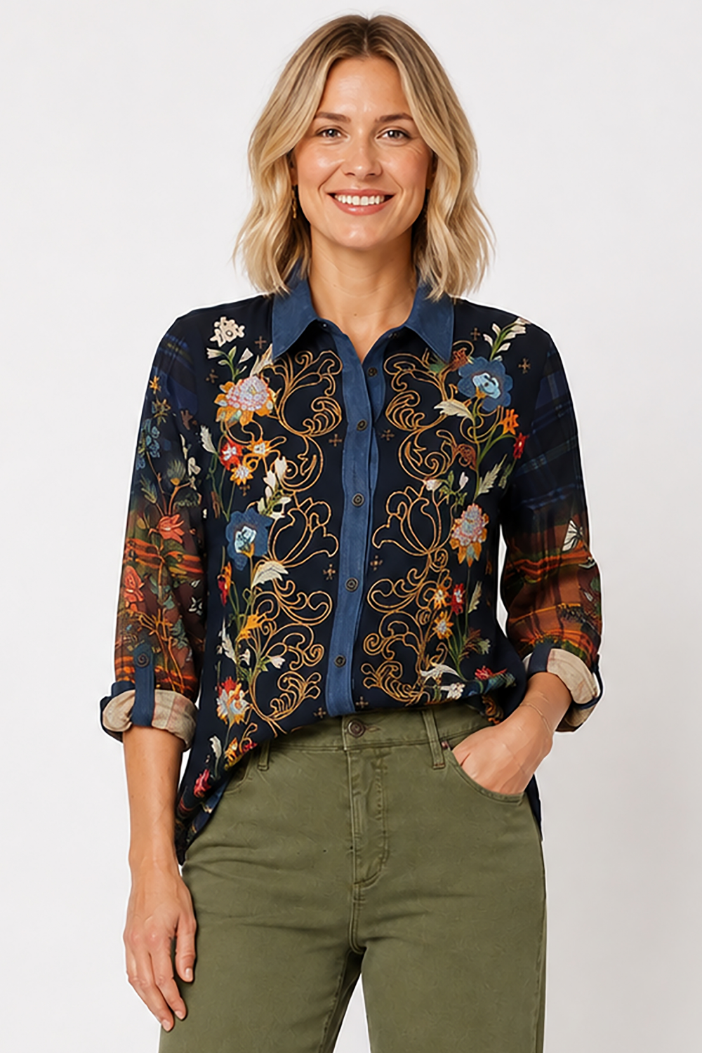 Floral Multi Woven Collared Button Front L/S Blouse w/ Embroidery - Missy