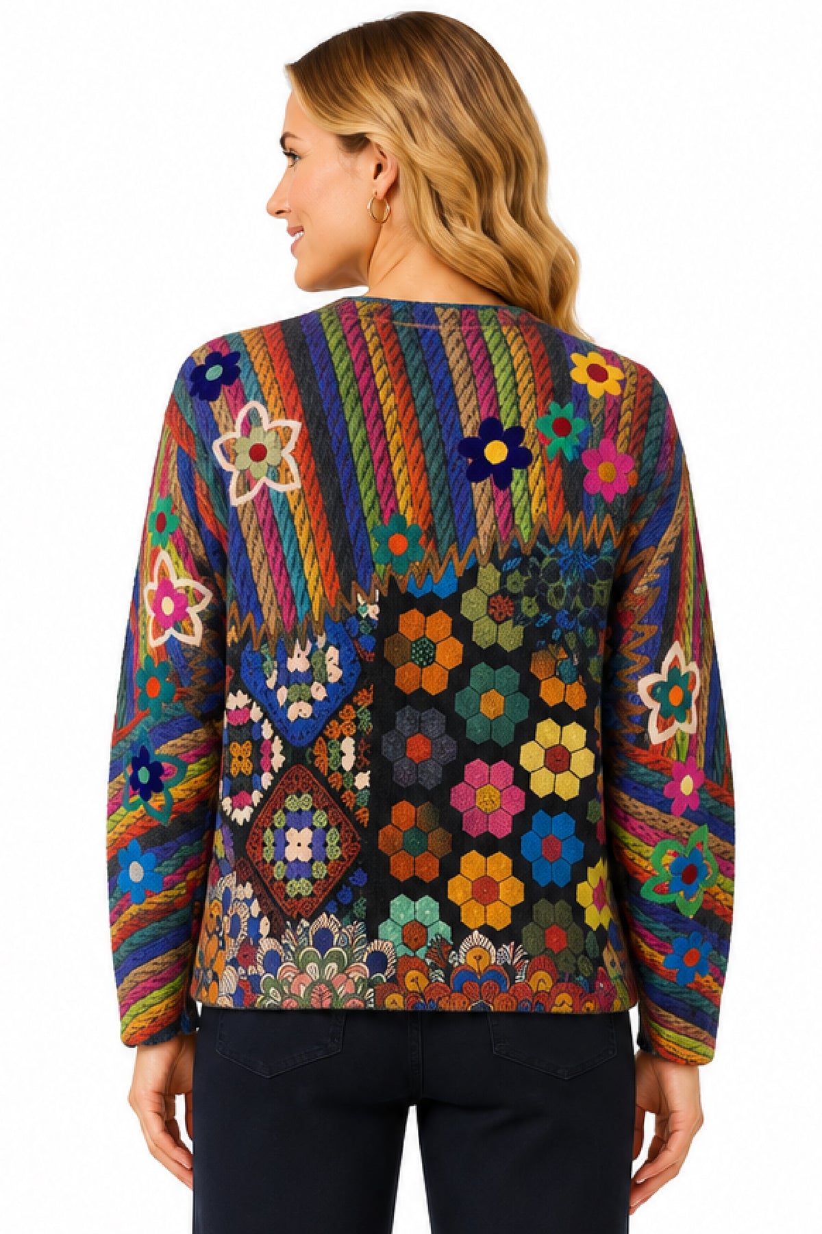 Multi Knit Mix Print V-Neck Button Front L/S Cardigan Sweater w/ Felting Details - Petite