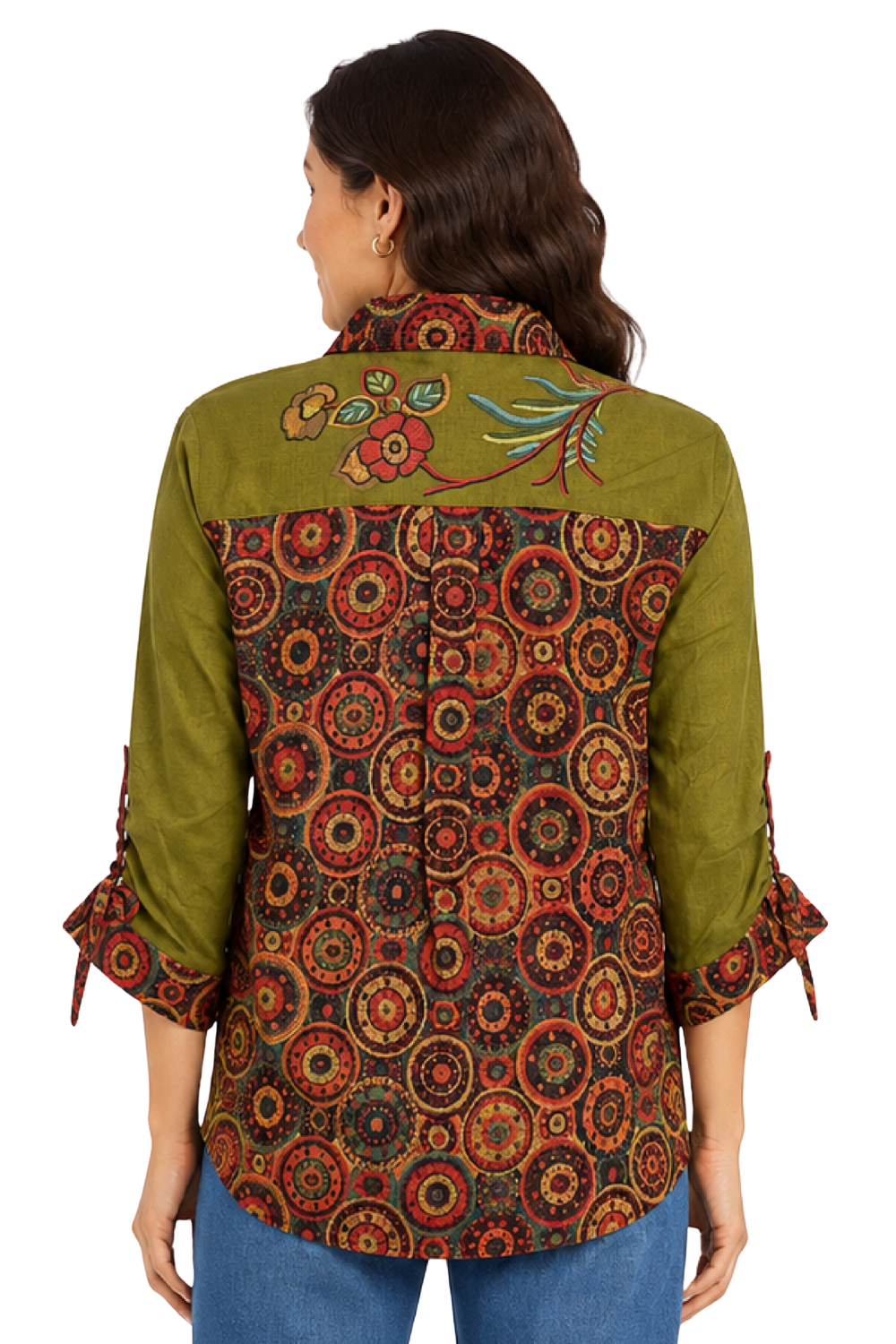 Multi Floral Embroidered Wire Collar Cinch Blouse - Missy