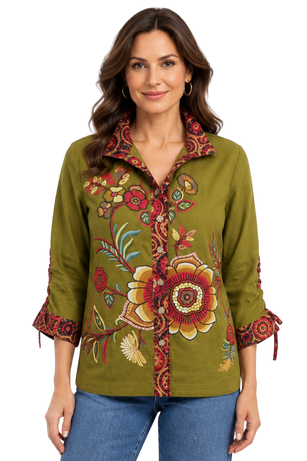 Multi Floral Embroidered Wire Collar Cinch Blouse - Missy