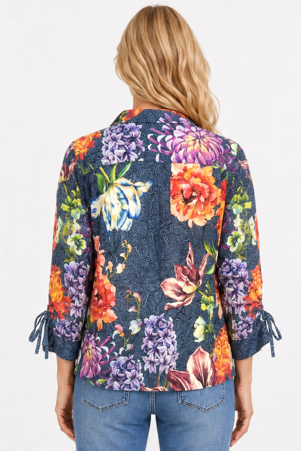 Multi Woven Printed Wire Collar Popover 3/4 Cinched Sleeves - Missy