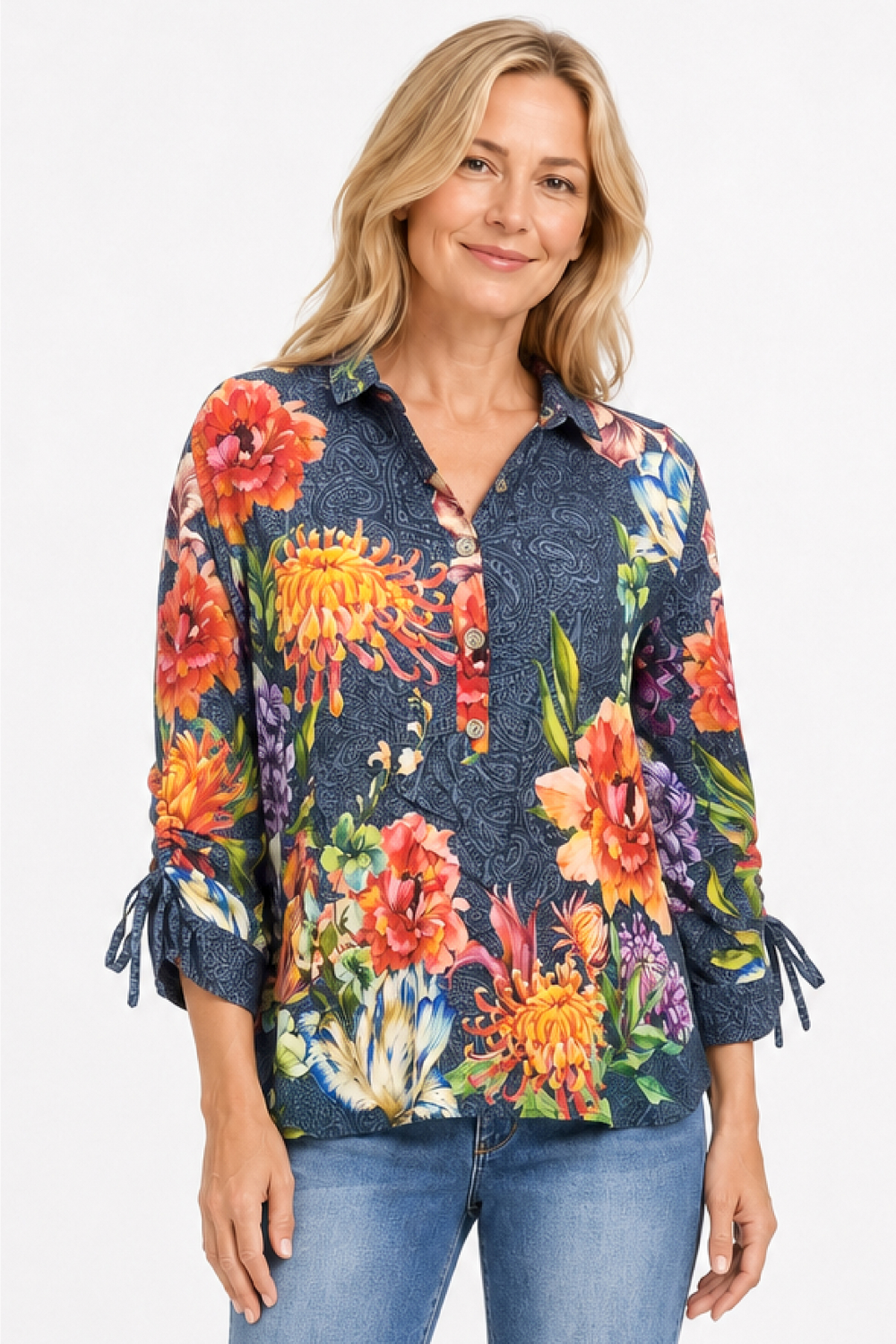 Multi Woven Printed Wire Collar Popover 3/4 Cinched Sleeves - Missy