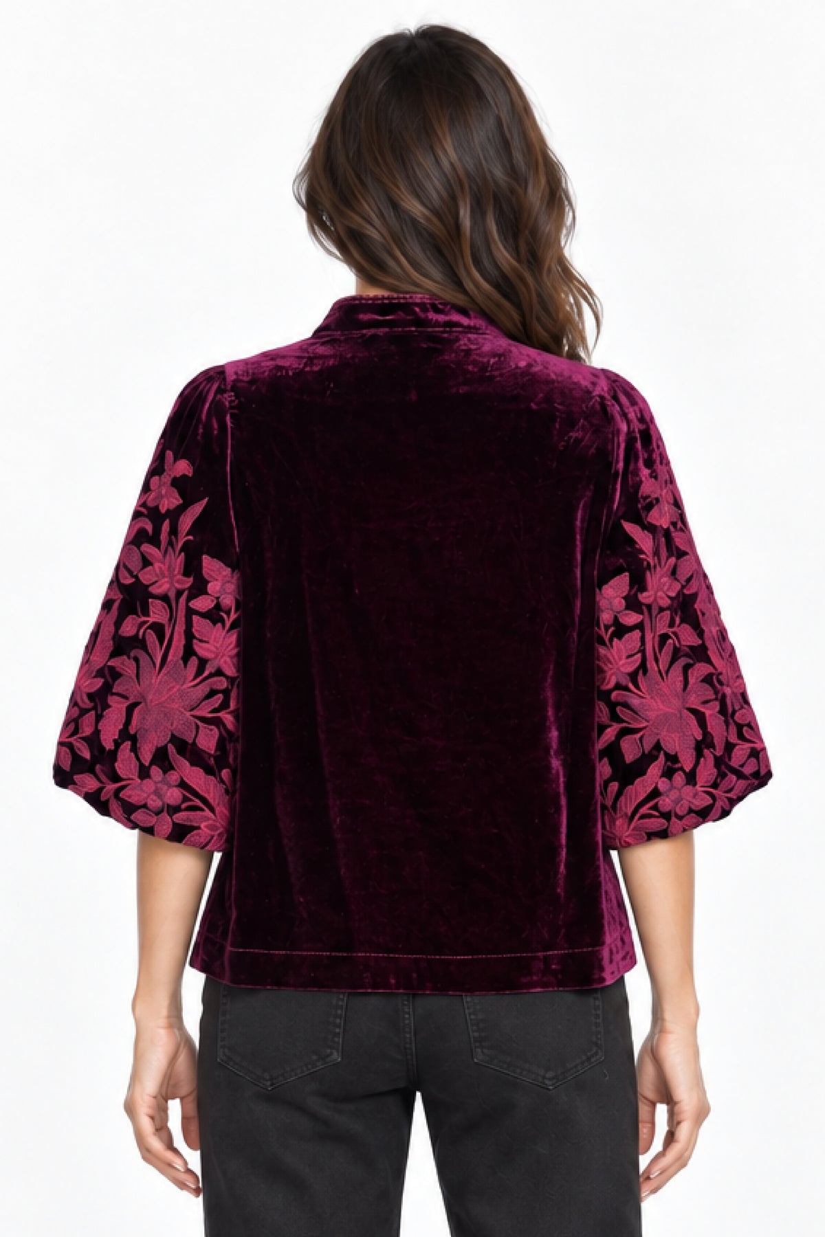 Bordeaux Velvet Embroidered Bubble Sleeve Popover