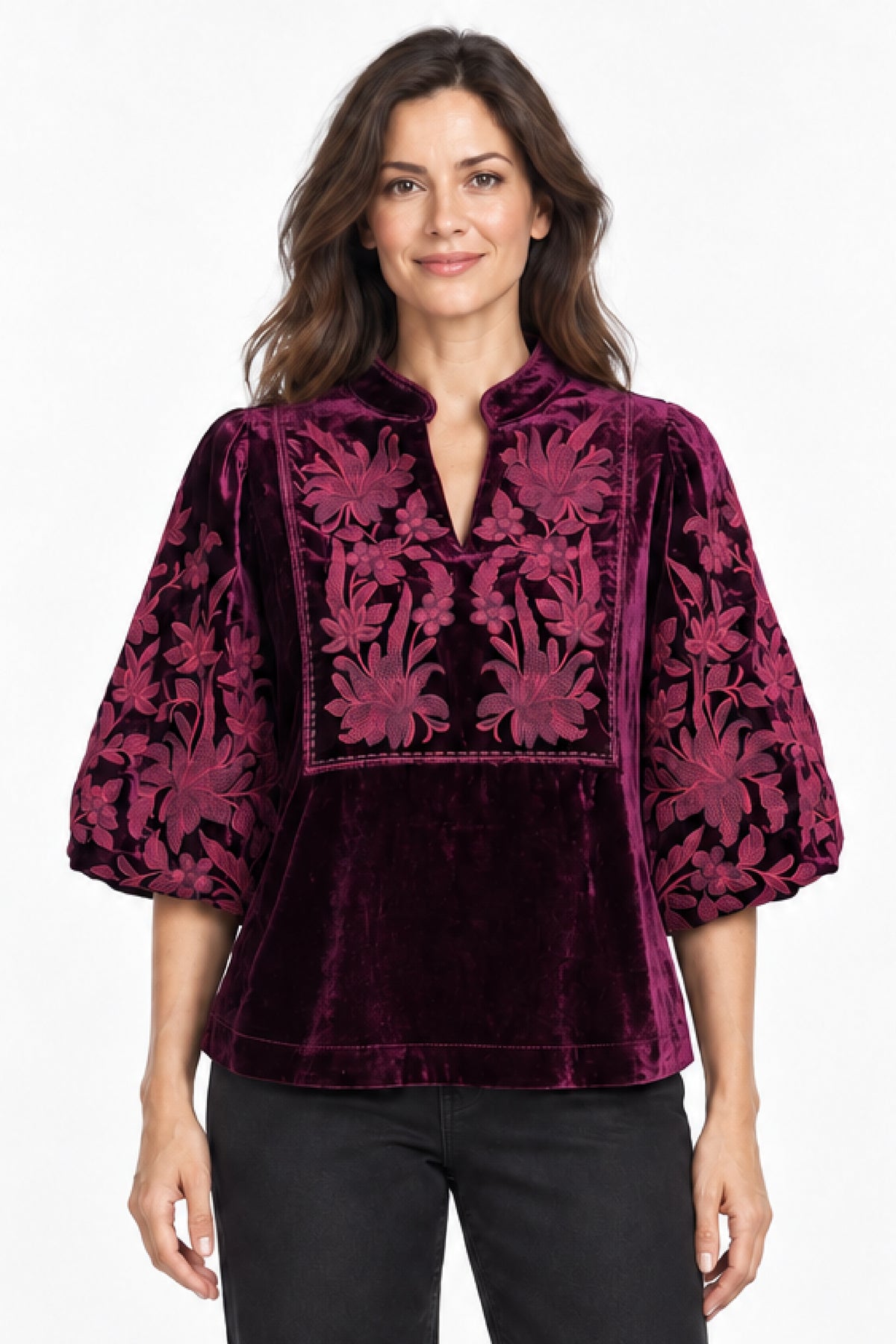 Bordeaux Velvet Embroidered Bubble Sleeve Popover