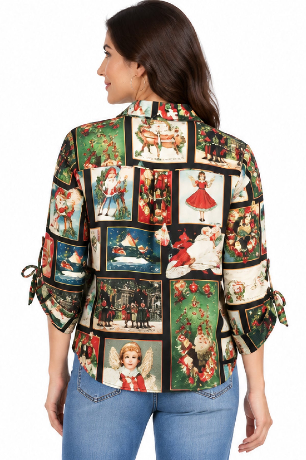 Black Holiday Print Tie Front Blouse - Plus