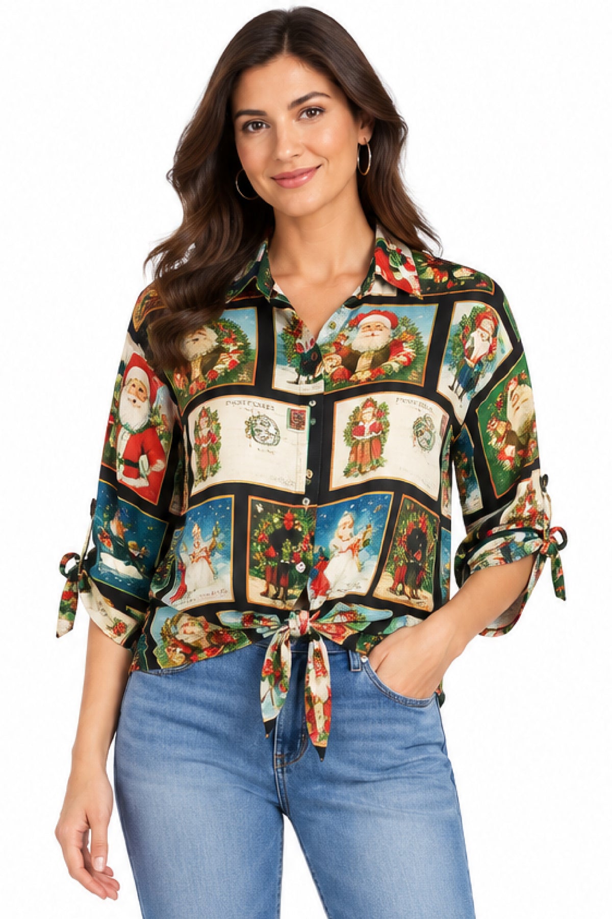 Black Holiday Print Tie Front Blouse - Plus