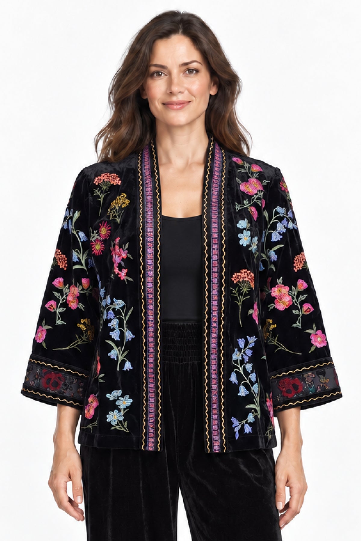 Floral Multi Embroidered Velvet Open Front Jacket