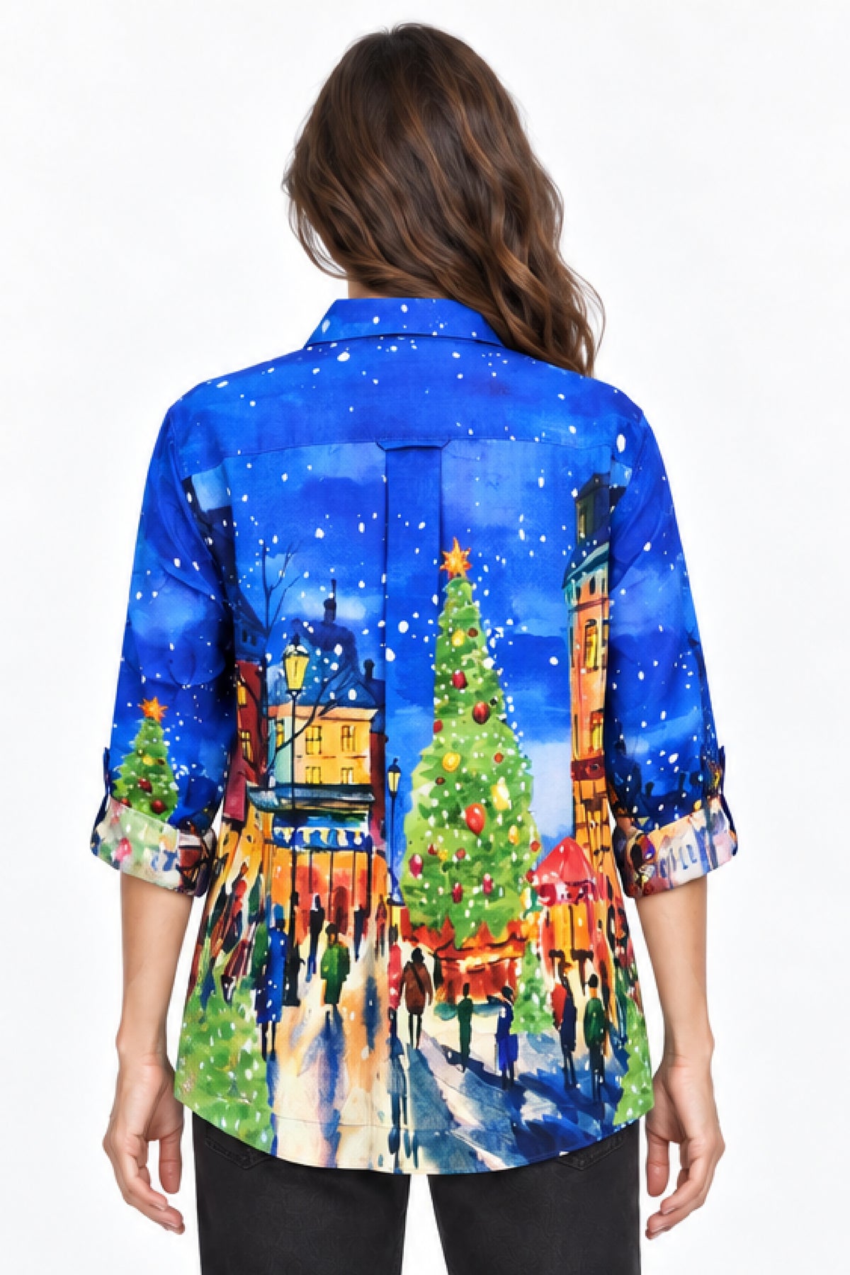Multi Holiday Village Print Roll Tab Blouse - Plus