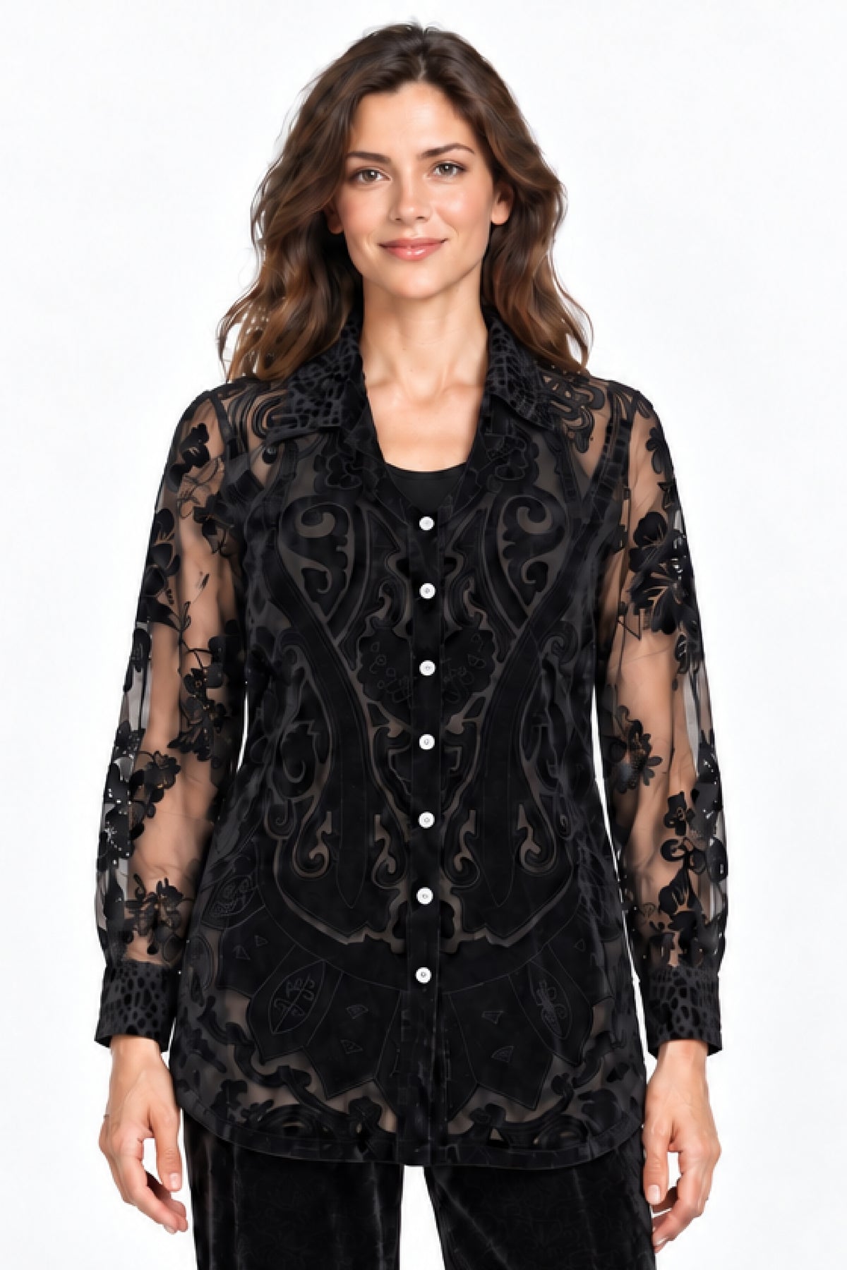 Black Velvet Burnout Roll Tab Blouse