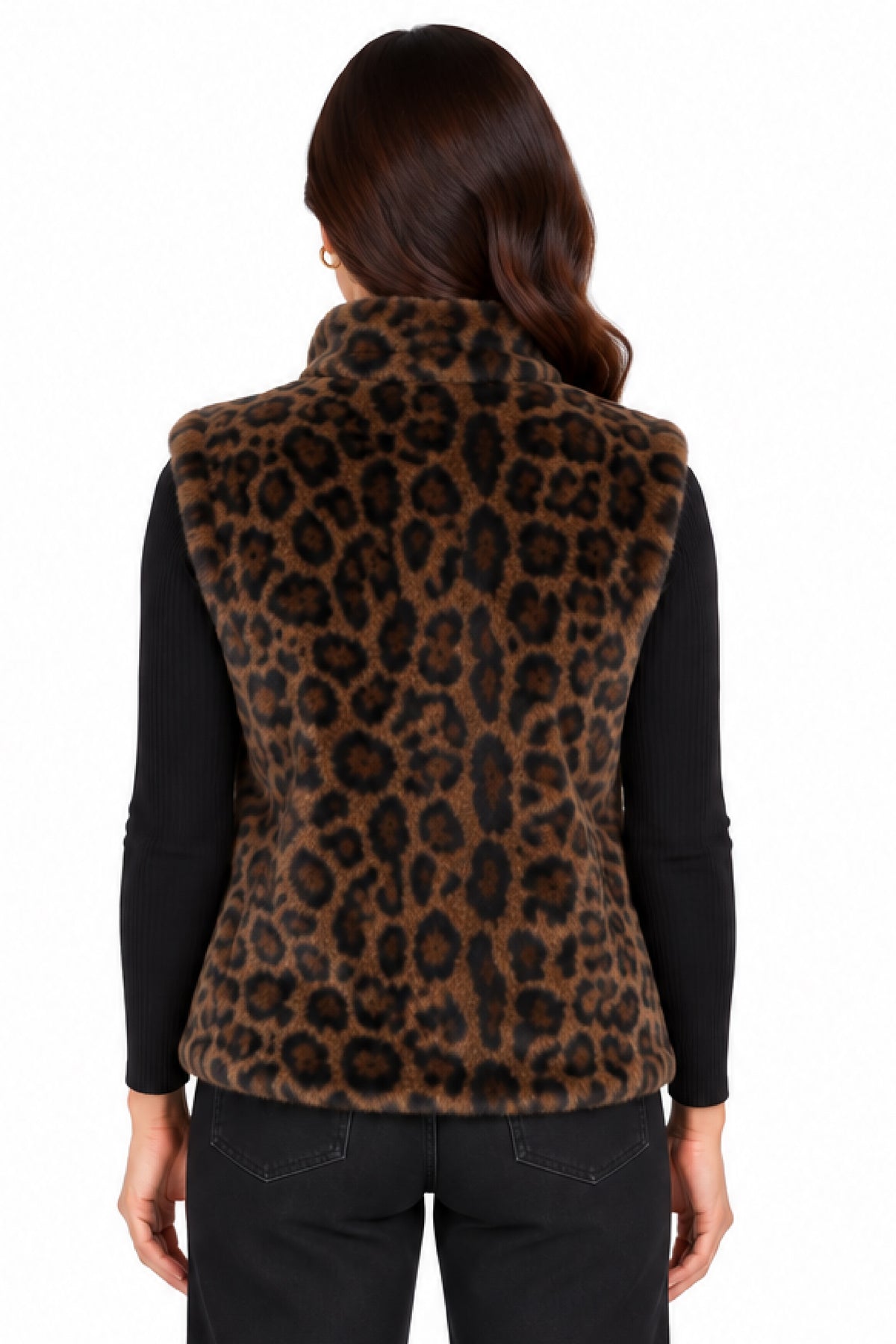 Leopard Plush Stand Collar Zip Vest