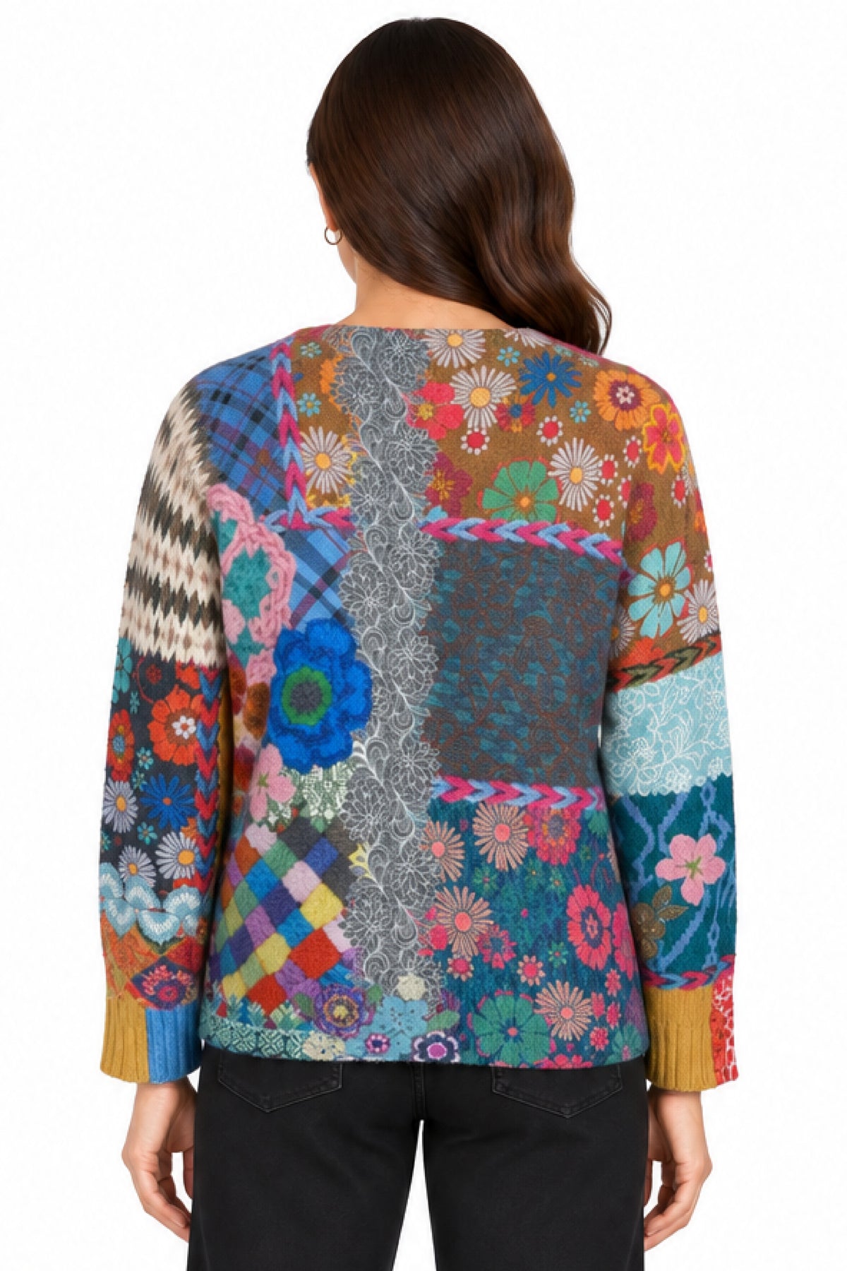 Multi Patchwork Print Felted Dolman Sweater