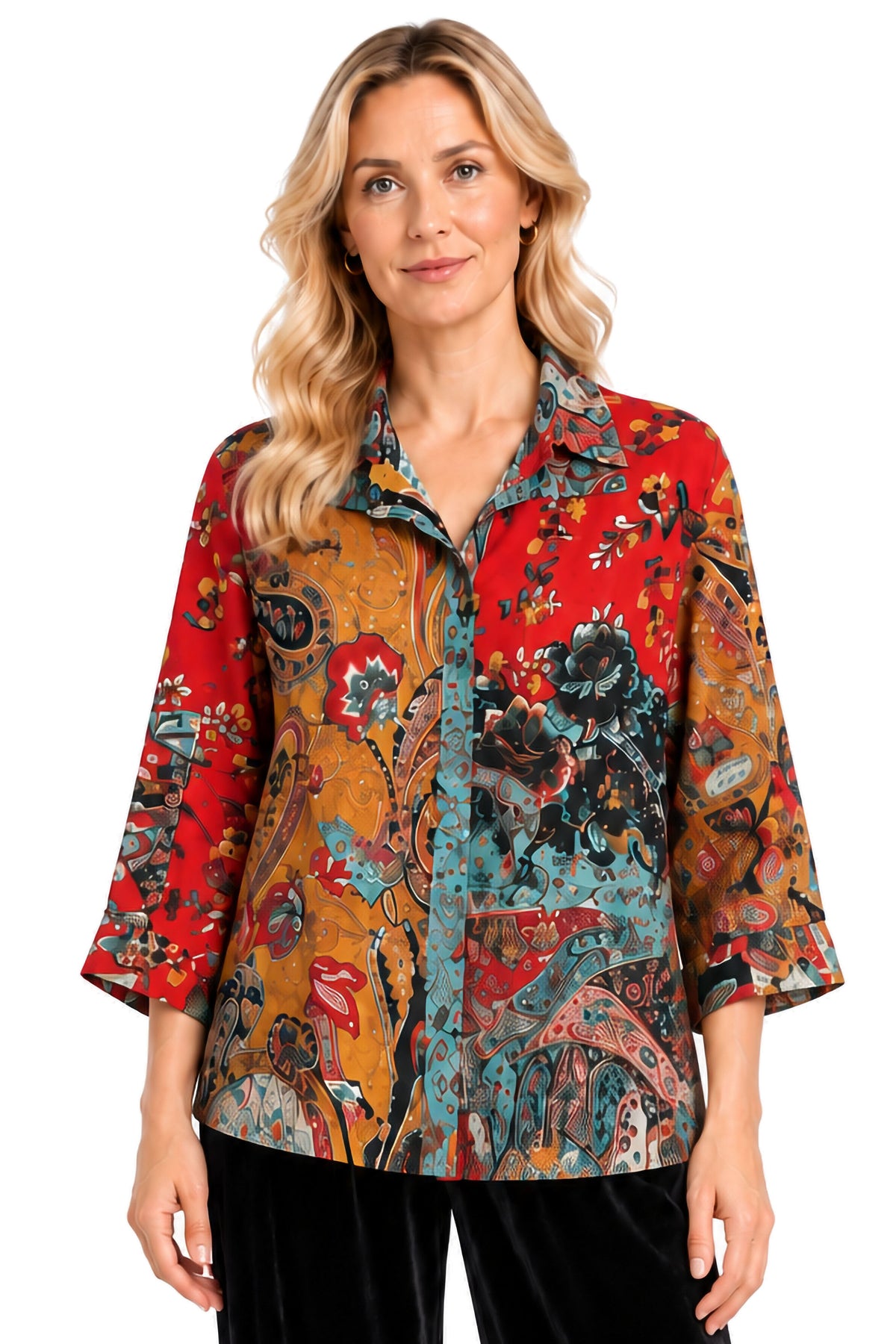 Multi Mixed Print Wire Collar Cinch Sleeve Blouse - Plus