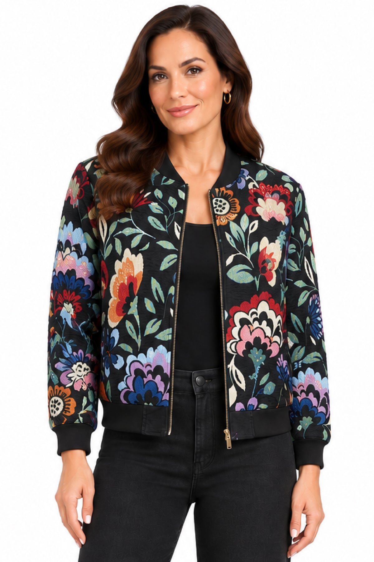 Black Floral Jacquard Beaded Zip Jacket