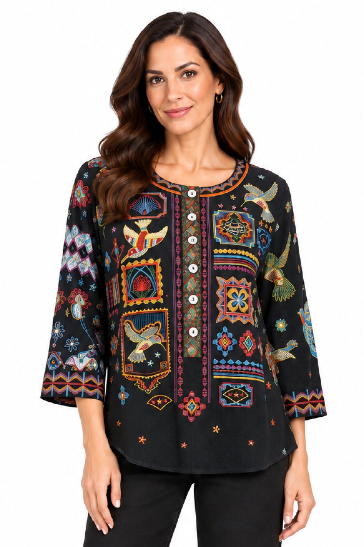 Black Embroidered Placed Print Popover - Plus