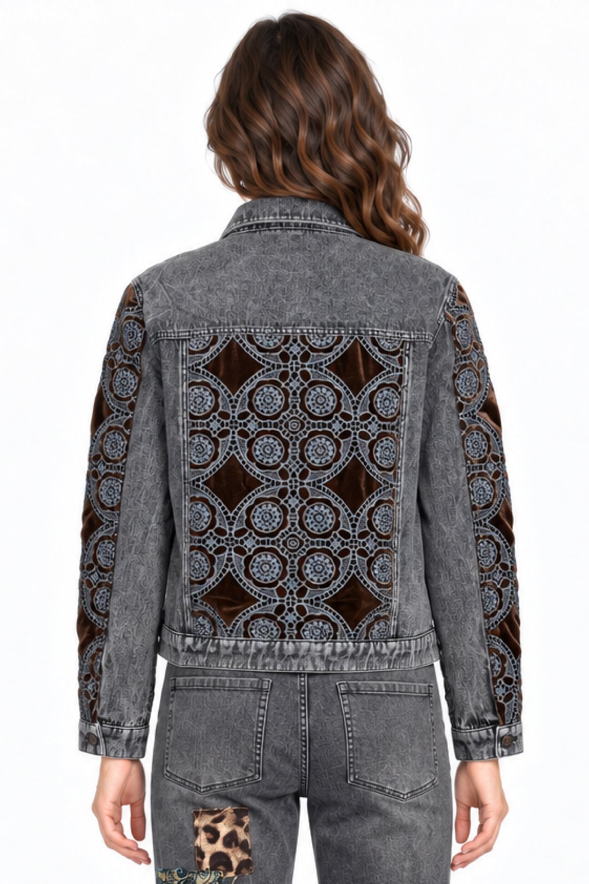 Black Denim Embroidered Jacket with Velvet Lace Trim - Petite