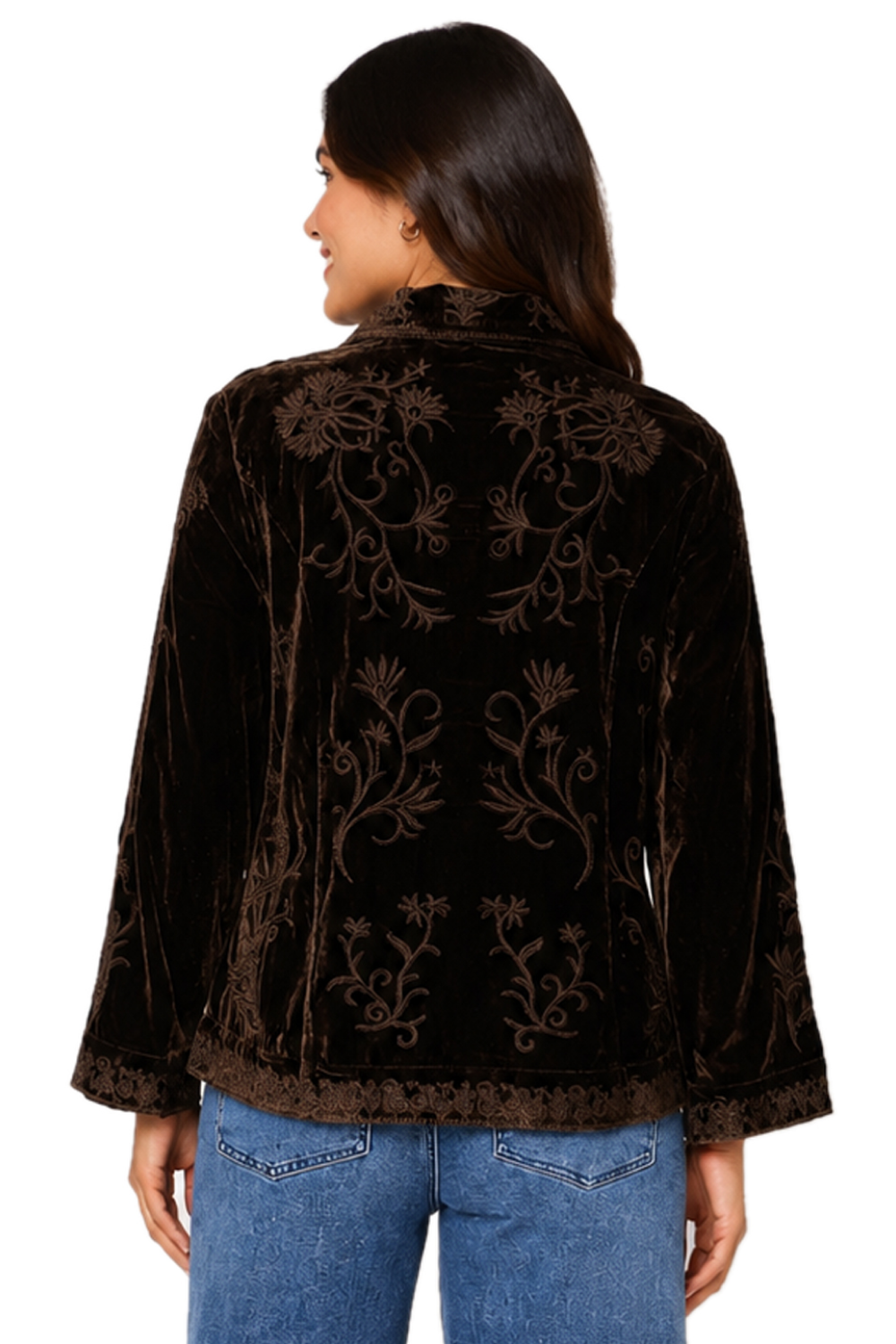 Dark Brown Velvet Embroidered Button Front Blouse - Missy