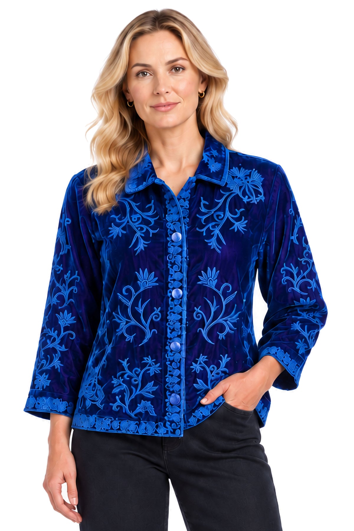 Regal Blue Velvet Embroidered Button Front Blouse - Missy
