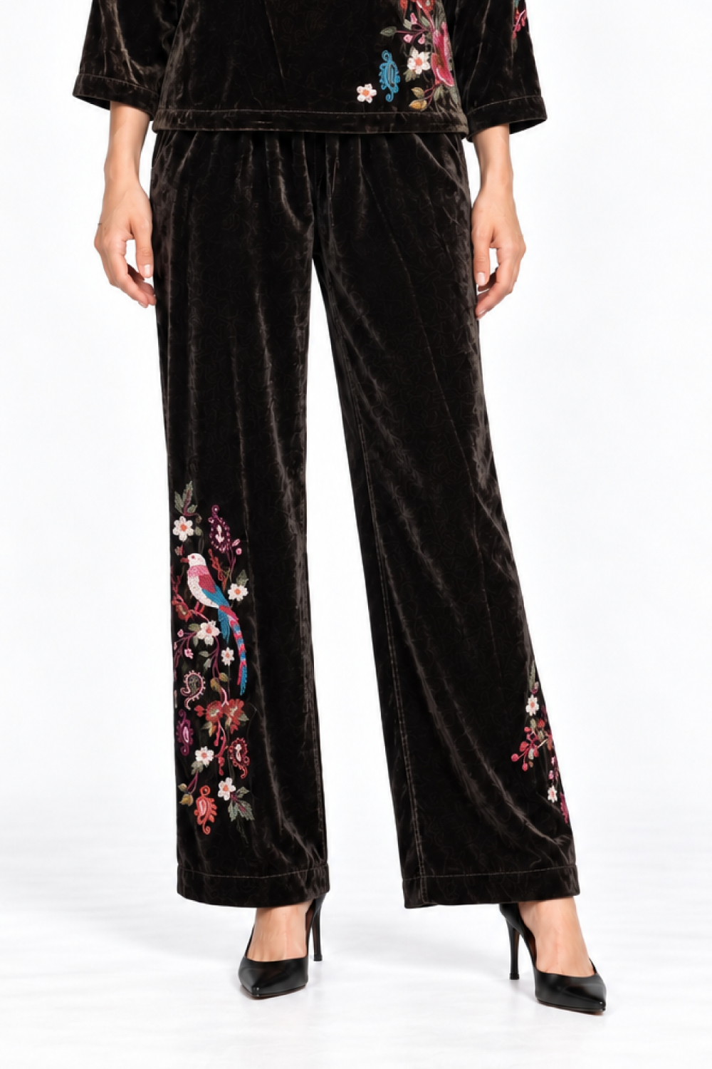 Chocolate Embroidered Velvet Pull-On Pant