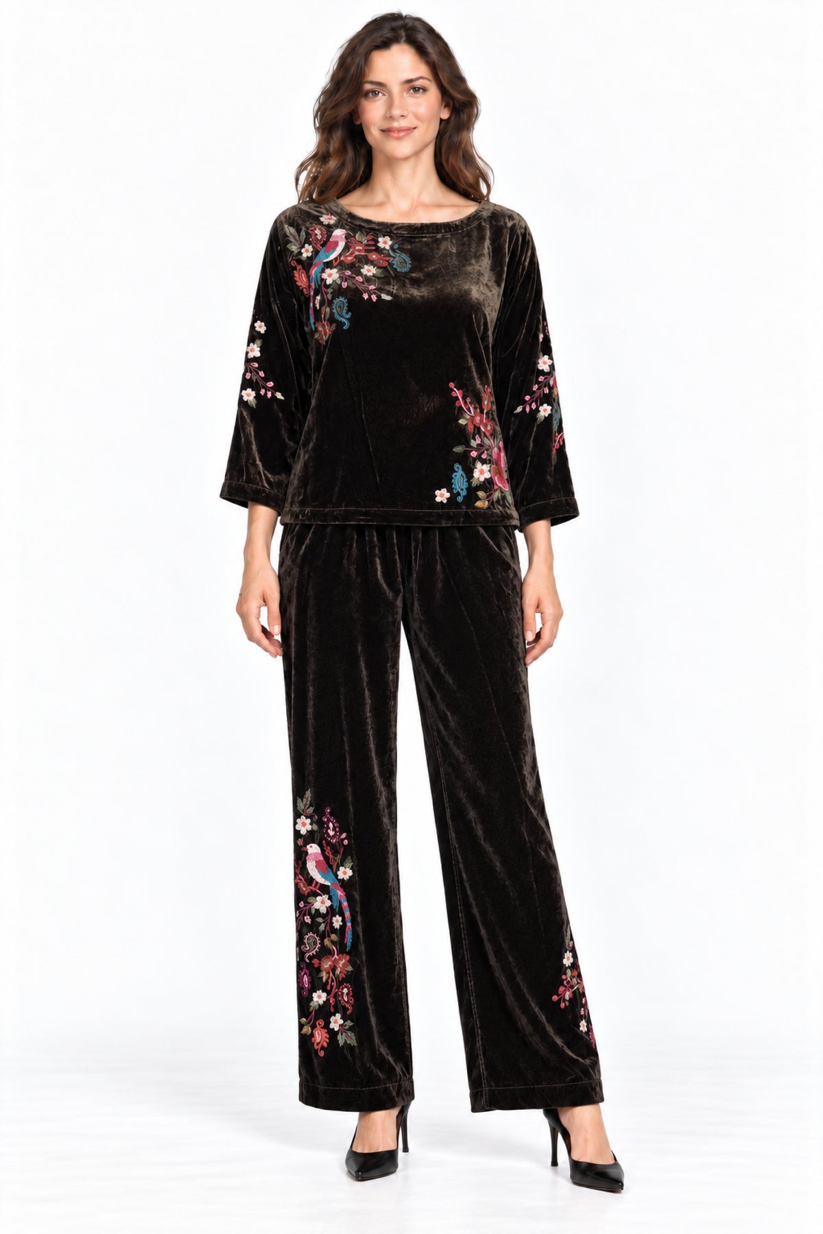 Chocolate Embroidered Velvet Pull-On Pant