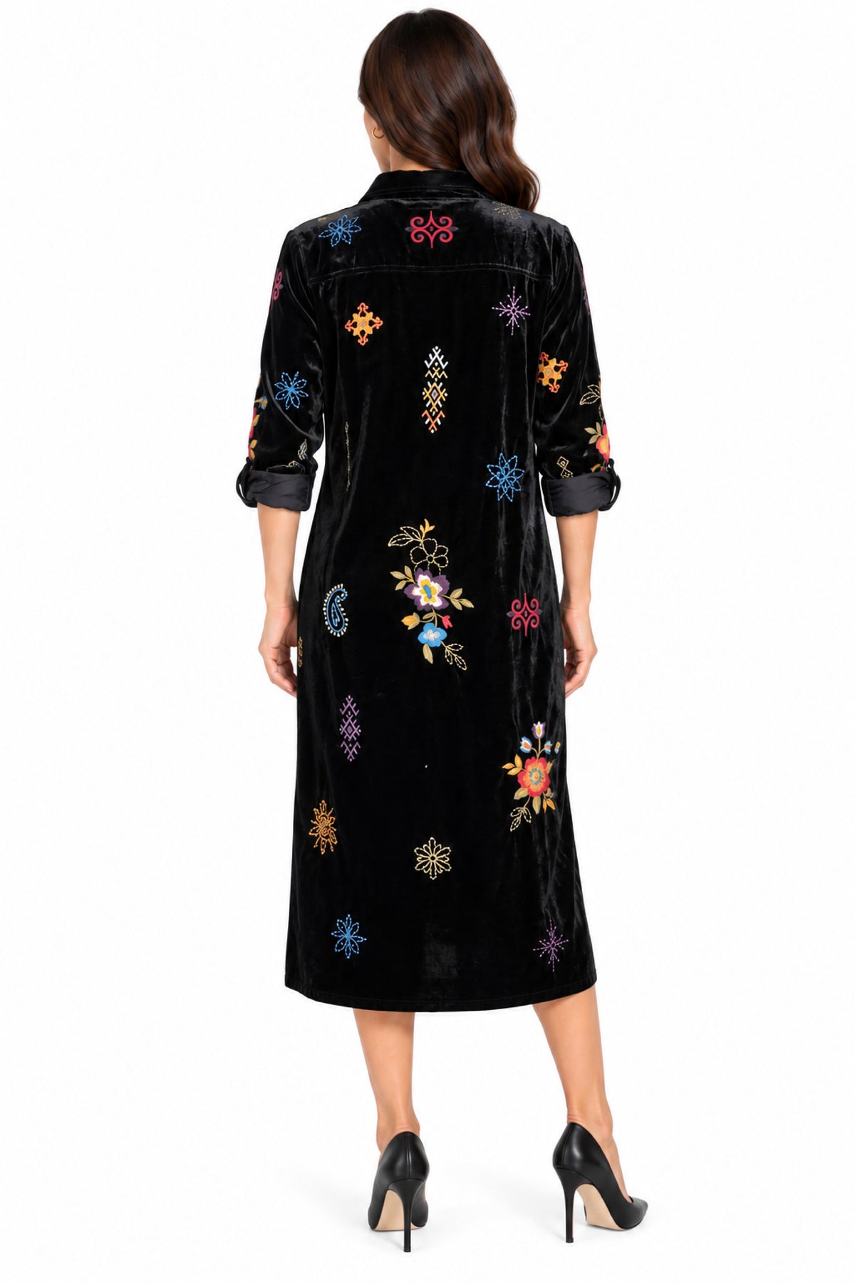 Black Velvet Embroidered Shirt Dress