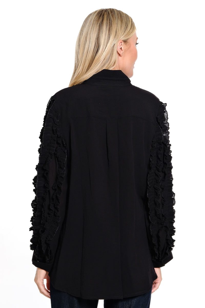 Button Front Sheer Ruffle Long Sleeves - Black