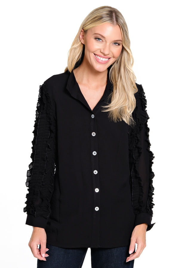 Button Front Sheer Ruffle Long Sleeves - Black