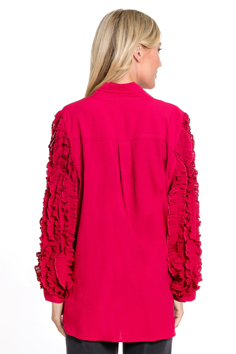 Button Front Sheer Ruffle Long Sleeves - Ruby