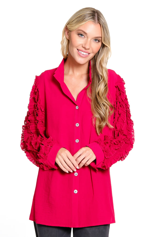 Button Front Sheer Ruffle Long Sleeves - Ruby