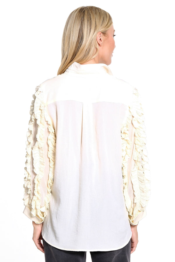 Button Front Sheer Ruffle Long Sleeves - Winter White