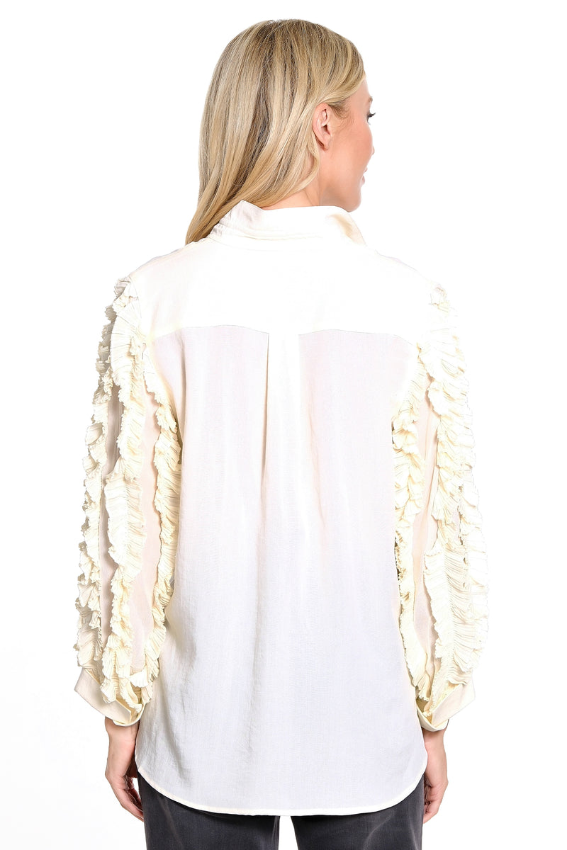 Button Front Sheer Ruffle Long Sleeves - Petite - Winter White